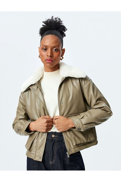 Koton Faux Leather Bomber Coat with Removable Faux Fur Collar