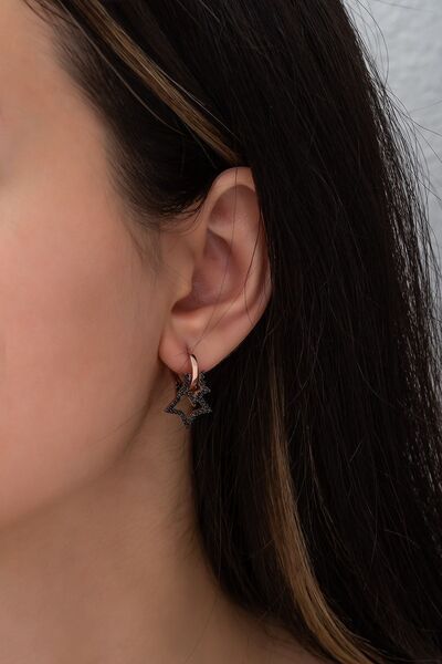 Nereze 925 Ayar Siyah Çift Yıldız Kadın Gümüş Küpe