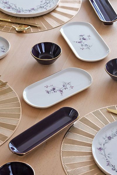 Glore Levander Gold Gilded - 32 Pieces Ceramic Breakfast Set for 6 People