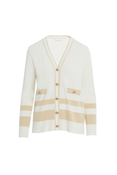 GİZİA Gold Düğme Detaylı Mavi Çizgili Ekru Triko Hırka