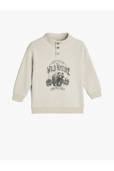 Koton Stand Collar Button Detailed Printed Cotton Raised Oversize Sweatshirt