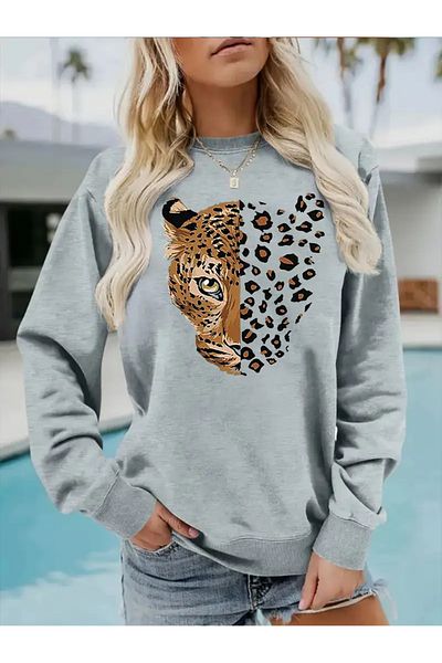 AEMİ Φούτερ Unisex Leopard Tiger Printed Crew Neck Oversize