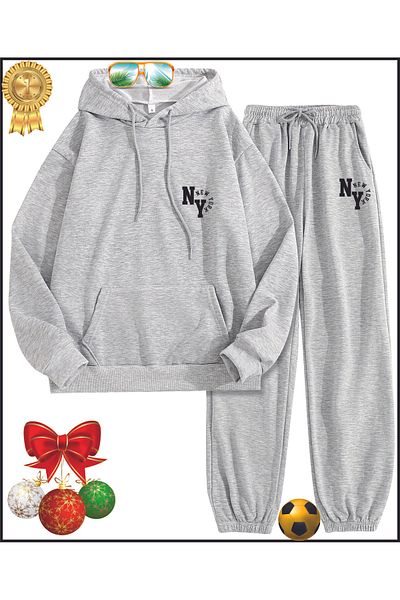HOFFNUNG Ny New York Grey Printed Full Hoodie Tracksuit Set