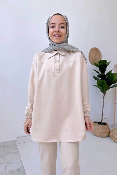 Ka Hijab Shirt Collar Two Thread Hijab Set - Beige