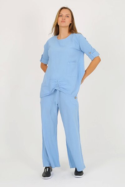 Butik Set bluză și pantaloni din bumbac pentru femei albastru