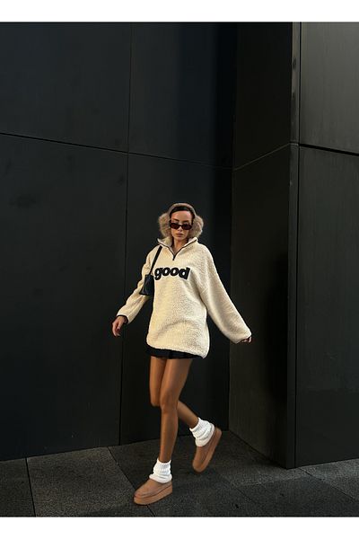 minaaise Μπεζ βελούδινο μπλουζάκι με μισό φερμουάρ Oversize κεντημένο φούτερ 28354