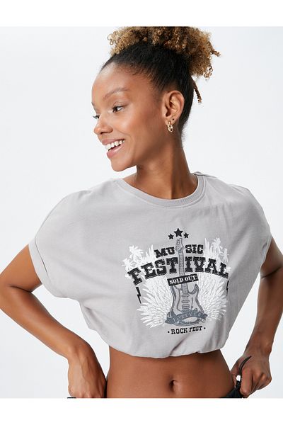 Koton Crop T-Shirt Relaxed Cut Slogan Printed Crew Neck Short Sleeve