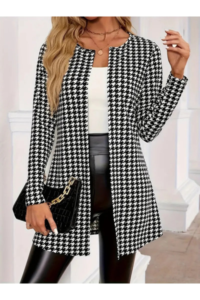 Modayakamoz سترة نسائية طويلة الأكمام مفتوحة من الأمام بنمط Houndstooth