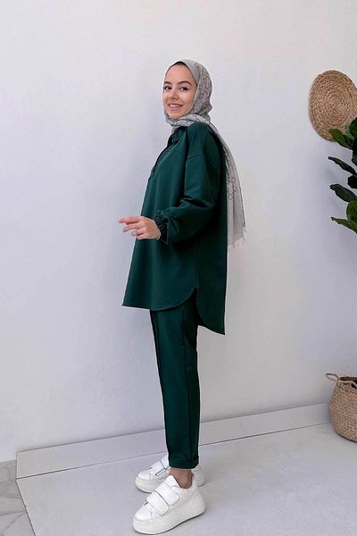 Ka Hijab Shirt Collar Two Thread Hijab Set - Emerald