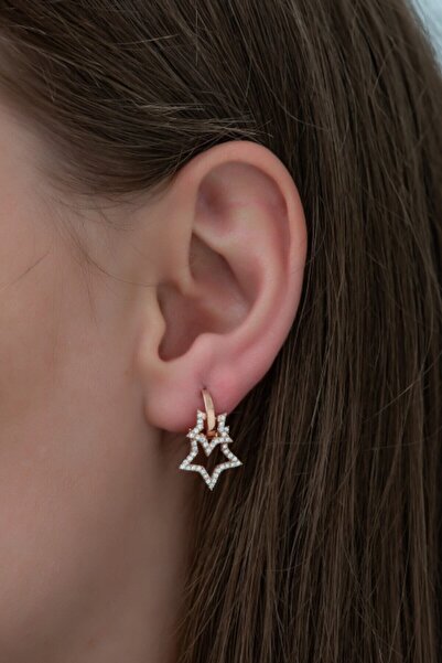 Nereze Kadın 925 Ayar Rose Çift Yıldız Küpe Gümüş Küpe