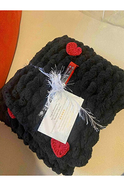 BODUR EMBROIDERY Black-Red Heart Patterned Puffy Scarf Hand Knitted - 200*22 cm