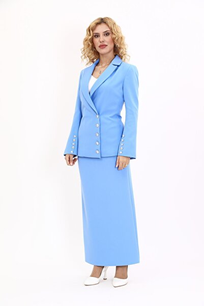 ÖNDER ÖZSOY İspanyol Kol Ceket & Uzun Kalem Etek Takım-Gökyüzü