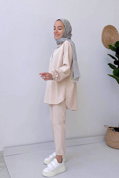 Ka Hijab Shirt Collar Two Thread Hijab Set - Beige