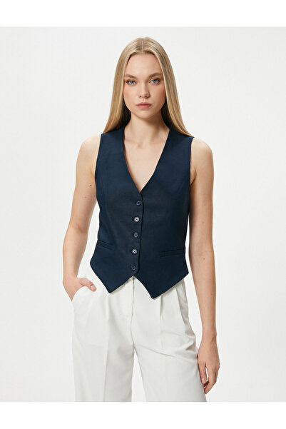 Koton V Yaka Yelek Düğmeli Fleto Cepli