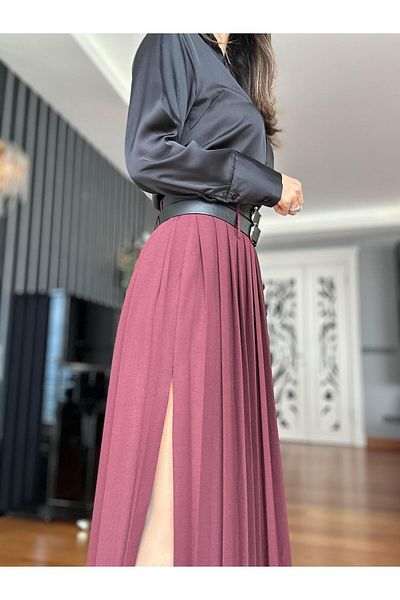 Atelier Derin Fusta lungă plisată cu curea dublă roșu Claret