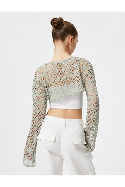 Koton Prolamované háčkované triko Bolero s dlouhým rukávem a výstřihem