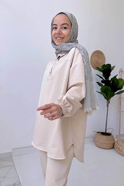Ka Hijab Shirt Collar Two Thread Hijab Set - Beige