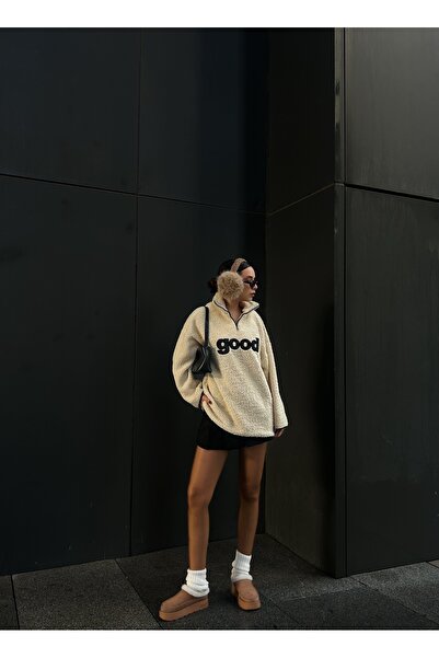 minaaise Μπεζ βελούδινο μπλουζάκι με μισό φερμουάρ Oversize κεντημένο φούτερ 28354