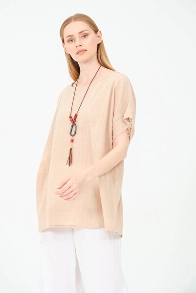 Butik 100% бавовняна жіноча футболка бежевого кольору (з подарунковим намистом)