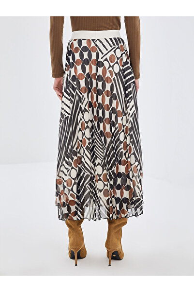 LC Waikiki Brown Elastic Waist Patterned Pleated Women's Skirt