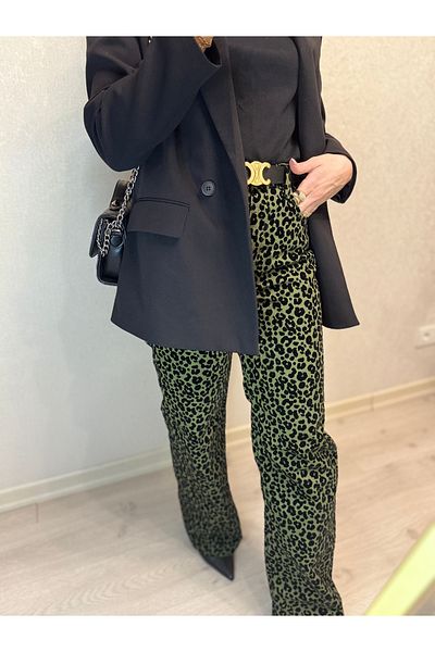 DENIMCI Velvet Leopard Print Emerald Green Denim Trousers
