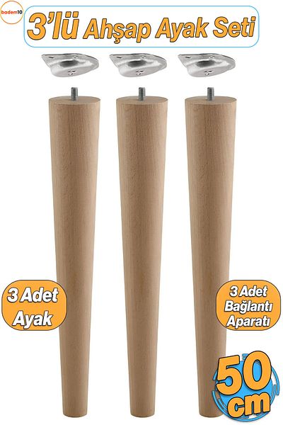 Badem10 Set de 3 picioare pentru masă de cafea din lemn, 50 cm, scaun de puf, picioare de masă, atașament de conectare în unghi inclus