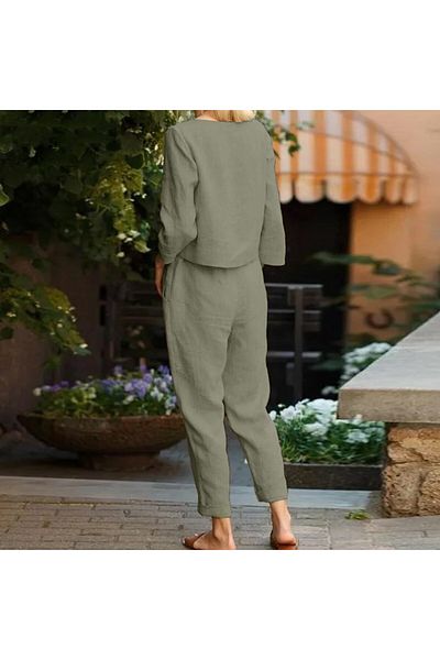 Barbora Γυναικείο casual λινό σετ δύο τεμαχίων με ζώνη