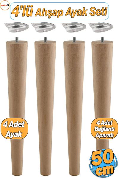 Badem10 Set de 4 picioare din lemn pentru masă de cafea 50 cm Zigon Puf Scaun Picior Masa Picioare Conexiune în unghi inclusă