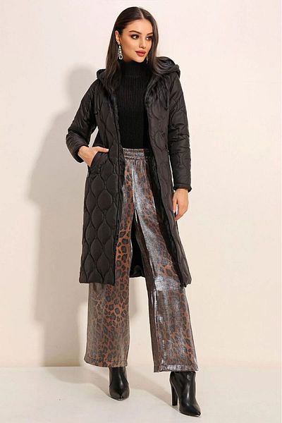 hazelin Black Quilted Long Puffer Jacket - Hooded, Hzl24W-Bd 151771
