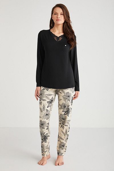 Penyemood Women's Black Modal Pajamas Set - Long Sleeve C5T0N7O9