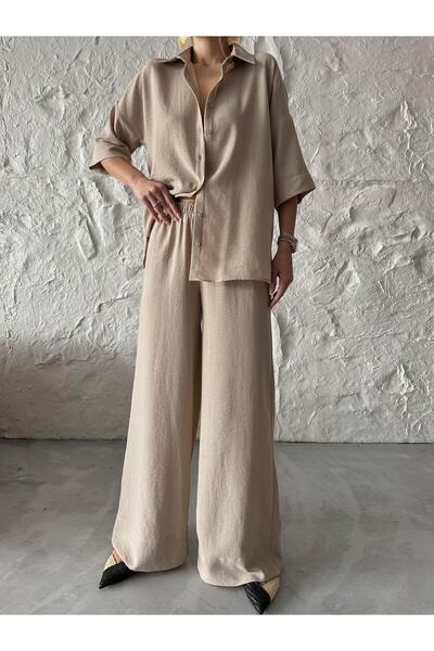 mydukkan.co طقم كتان بأكمام قصيرة باللون البيج ماريا