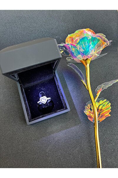 Sepetten Eve Işıklı Yüzük Kutusunda Kalpli Yüzük Ayarlanabilir Ciddi Ilişki Yüzüğü Sonsuzluk Gülü Hediyelik