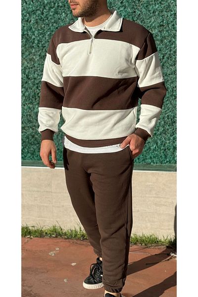 Altamira Set de trening oversize cu jumătate de fermoar cu dungi maro pentru bărbați, cu picioare elastice