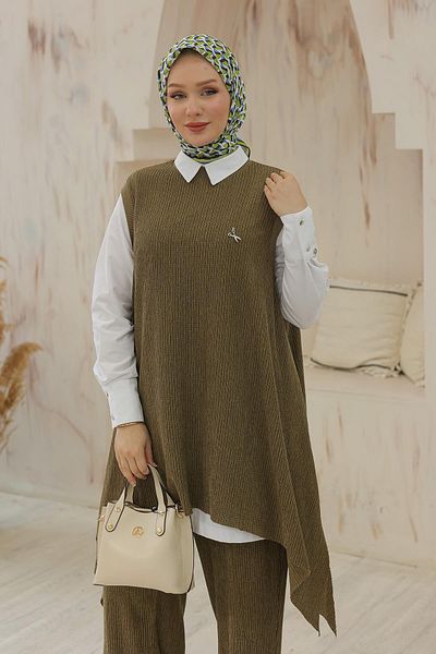 Armine Trend Bat Patterned Shirt Collar Triple Suit Oil Green 24Kt634