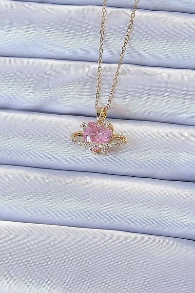 Clariss 316L سلسلة الصلب الذهب اللون الوردي الزركون حجر زحل نظرة القلب قلادة