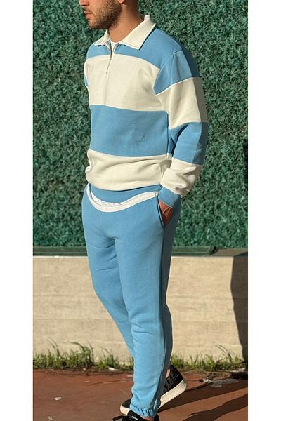 Altamira Set de trening oversize cu jumătate de fermoar cu dungi albastre pentru bebeluși cu picioare elastice