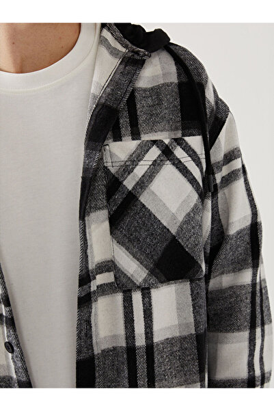 LC Waikiki Μαύρο ανδρικό πουκάμισο με καρό σχέδιο με κουκούλα