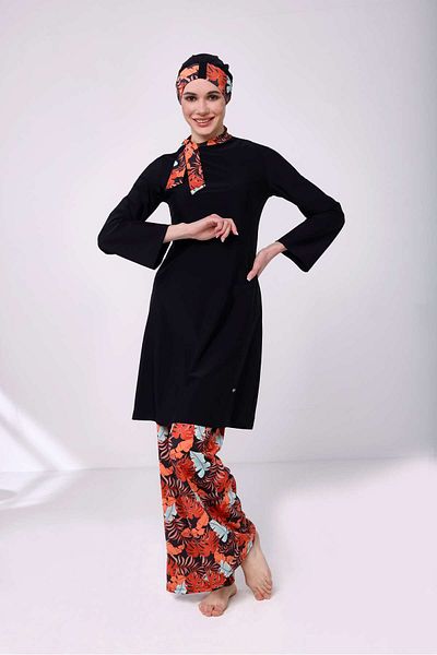 TESMAY Wide Leg 4 Piece Floral Print Hijab Swimsuit Set