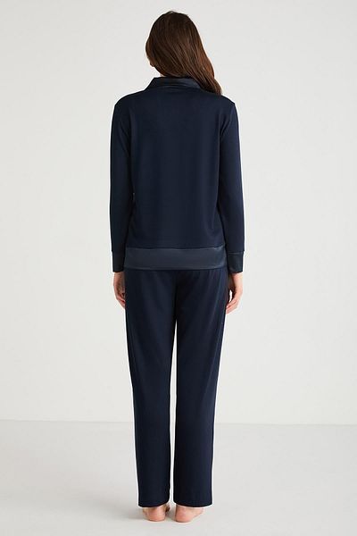 Penyemood Women's Long Sleeve Front Button Navy Blue Pajamas Suit C8T0N7O9