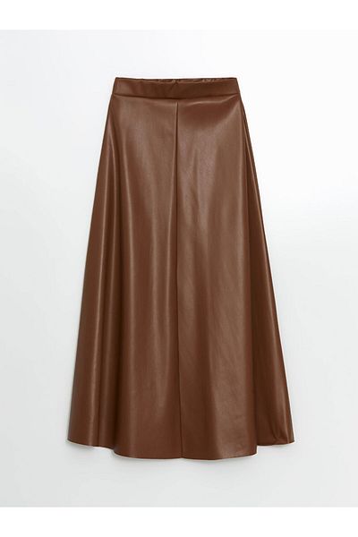 LC Waikiki Lcw Modest Brown Elastic Waist Leather Look Women's Skirt