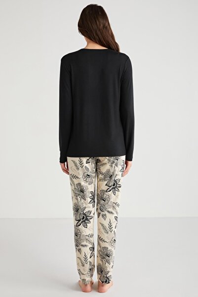 Penyemood Women's Black Modal Pajamas Set - Long Sleeve C5T0N7O9