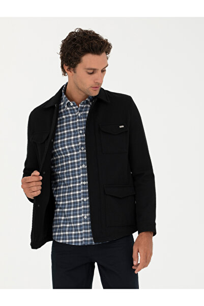 Cacharel Siyah Slim Fit Yün Karışımlı Dokulu Kaşe Mont 50274681-VR046