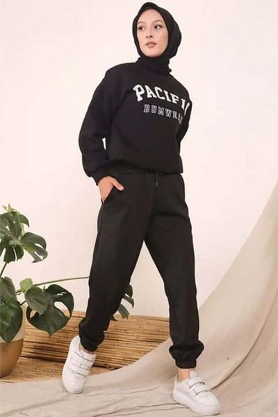Tesettür Diyarı Pantaloni de jogger din țesătură pentru scufundări din lână cu panglică în interior de iarnă