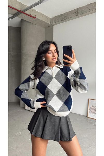 mydukkan.co Gray Half Button Diamond Patterned Sweater