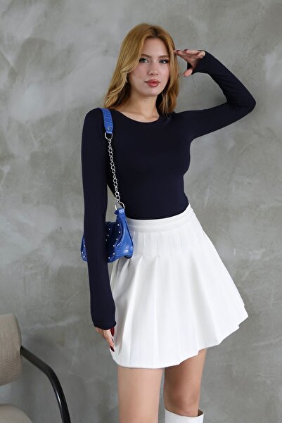 modavingo Women's Navy Blue Crew Neck Long Sleeve Badi