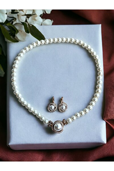 FAYRA ACCESSORIES Zirkon Taşlı Sarmal İnci Kolye ve İnci Küpe Seti