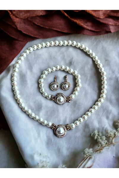 FAYRA ACCESSORIES Zirkon Taşlı Sarmal İnci Kolye , İnci Küpe ve İnci Bileklik Seti