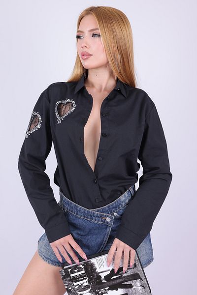 RICH GLAM Heart Crystal Stone Laser Keim Bumbac Lycra Cămașă elegantă pentru femei