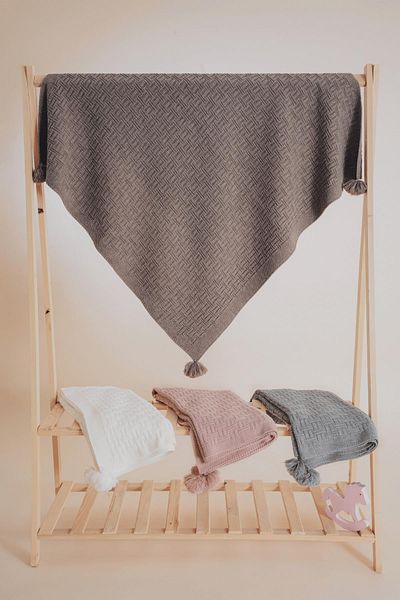 CHUBA Gray Children's Knitwear Blanket - Straw Pattern, Pompom, (80Cmx100Cm) Chkids203