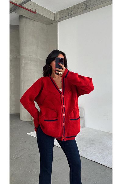 mydukkan.co Red Double Pocket Cardigan with Embossed Detail